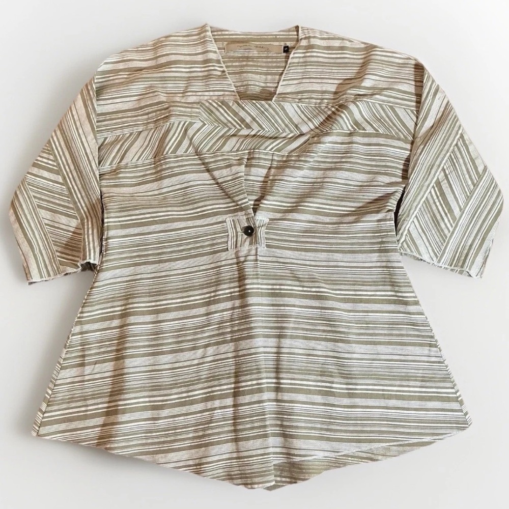 Cynthia Ashby Linen Tunic Top S Beige Stripe V-Neck Artsy Lagenlook coastal